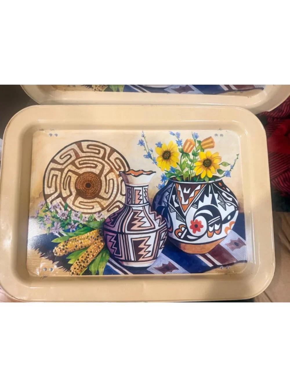 vintage Ponomarenko metal lap TV tray features a Southwestern scene with Native